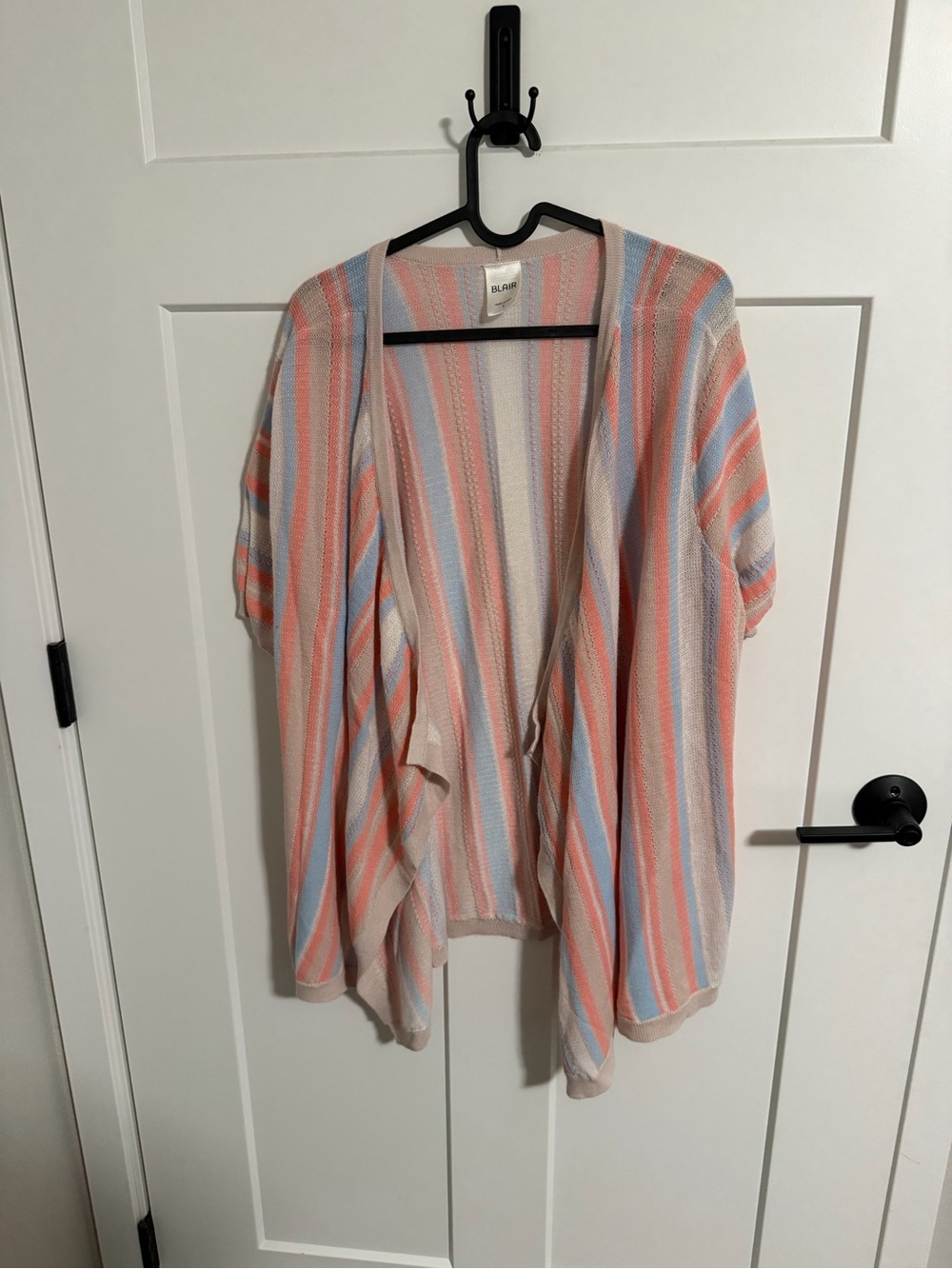 Blair Striped Open-Front Cardigan in Coral, Blue & Cream